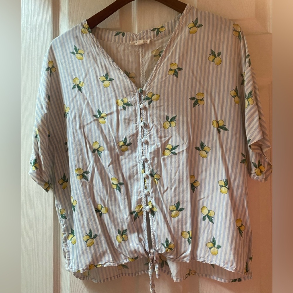 beachlunchlounge Lemon Print Blue Striped Blouse